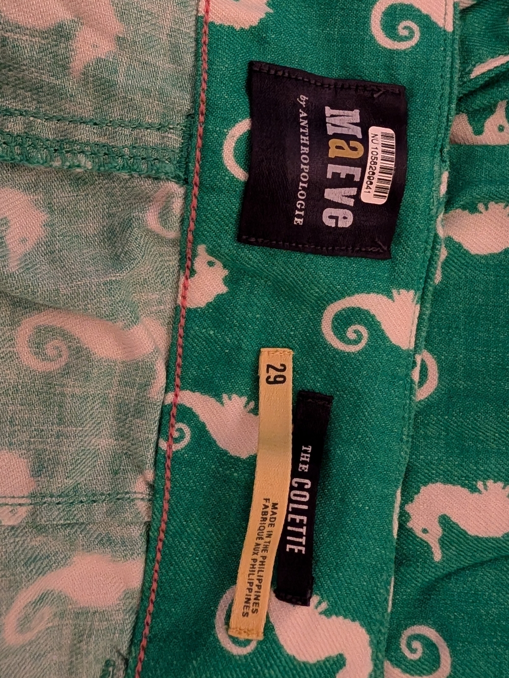 Green Seahorse Print Wide-Leg Pants, Size 29 - Picture 6 of 6